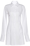 White Women Long Sleeve Solid Color Fashion Turn-Down Collar Single-Breasted Tight Hip T Shirt/Shirt Dress YME03727