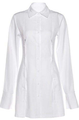 White Women Long Sleeve Solid Color Fashion Turn-Down Collar Single-Breasted Tight Hip T Shirt/Shirt Dress YME03727