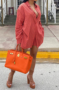 Red Women Cardigan Long Sleeve Shirts Stripe Shorts Sets HM5505