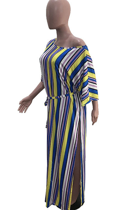 Summer Colorful Stripe Short Sleeve Loose With Beltband Slit Long Dress YSH96242