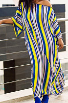 Summer Colorful Stripe Short Sleeve Loose With Beltband Slit Long Dress YSH96242