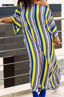 Summer Colorful Stripe Short Sleeve Loose With Beltband Slit Long Dress YSH96242