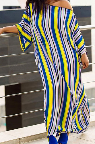 Summer Colorful Stripe Short Sleeve Loose With Beltband Slit Long Dress YSH96242