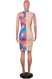 Lake Blue Digital Print Mesh Sleeveless O Neck Zip Back Collcet Waist Hip Dress SZS8042-1