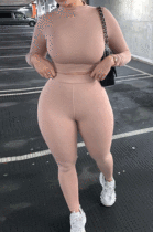 Khaki Wholesale Modest Long Sleeve O Neck Crop Top Skiny Pants Sport Sets SX1738131-1