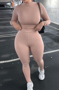 Khaki Wholesale Modest Long Sleeve O Neck Crop Top Skiny Pants Sport Sets SX1738131-1