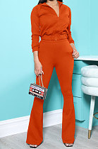 Orange New Autumn Winter Long Sleeve Zip Front Hoodie Flare Pants Solid Color Sport Sets KSN88012-5