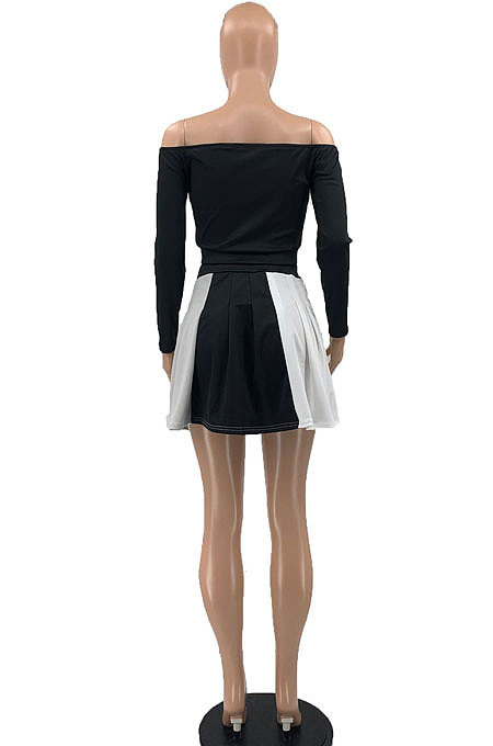 Orange Women A Word Shoulder Pure Color Tops Spliced Skirts Sets JR3651-2