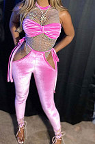 Pink Women Trendy Casual Solid Color Tops Hollow Out Tied Pleuche Pants Sets HLR15852