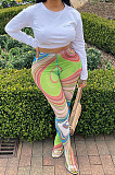 Orange Mesh Print See-Through Tight Regular Leggings SX00342-1