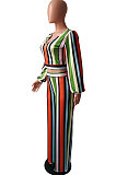 Orange Autumn Winter Women New Stripe Lantern Sleeve Loose Pants Sets HM5508