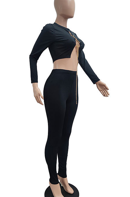 Red Autumn Winter Sexy Pure Color Casual Round Collar Chain Ribber Long Sleeve Pants Sets JP1051-2