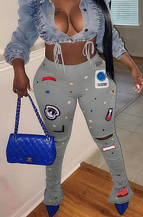 Light Gray Modest Digital Print Hollow Out  Ruffle Elasticband Flare Pants SZS8043-4