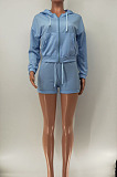 Gray Women Hooded Long Sleeve Solid Color Cardigan Zipper Fleece Shorts Sets KDN2218-3