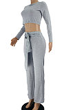 Gray Women Cotton Blend Solid Color Long Sleeve Round Collar Bandge Casual Sport Pants Sets JZH8082-1
