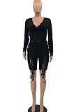 Black Euramerican Women Ribber Sexy Deep V Collar Pure Color Bandage Shorts Sets JR3650-1