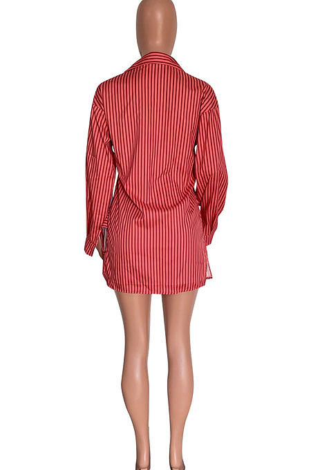 Red Women Cardigan Long Sleeve Shirts Stripe Shorts Sets HM5505