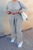 Dark Green Women Cotton Blend Solid Color Long Sleeve Round Collar Bandage Casual Sport Pants Sets JZH8082-3