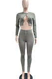 Black Autumn Winter Sexy Pure Color Casual Round Collar Chain Ribber Long Sleeve Pants Sets JP1051-1
