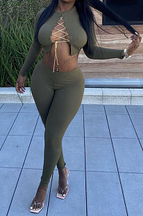 Olive Green Autumn Winter Sexy Pure Color Casual Round Collar Chain Ribber Long Sleeve Pants Sets JP1051-3