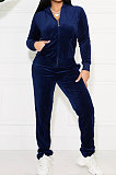 Royal Blue Solid Color Long Sleeve Coat Korea Velvet Fashion Casual Sport Straight Leg Pants Sets HM5507-3