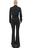 Black New Autumn Winter Long Sleeve Zip Front Hoodie Flare Pants Solid Color Sport Sets KSN88012-2