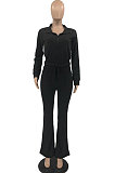 Black New Autumn Winter Long Sleeve Zip Front Hoodie Flare Pants Solid Color Sport Sets KSN88012-2