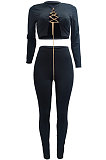 Red Autumn Winter Sexy Pure Color Casual Round Collar Chain Ribber Long Sleeve Pants Sets JP1051-2