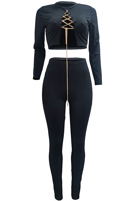 Red Autumn Winter Sexy Pure Color Casual Round Collar Chain Ribber Long Sleeve Pants Sets JP1051-2