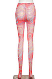 Orange Mesh Print See-Through Tight Regular Leggings SX00342-1