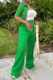 Green Women Autumn Half Sleeve Coat Pure Color Loose Pants Sets HM5504