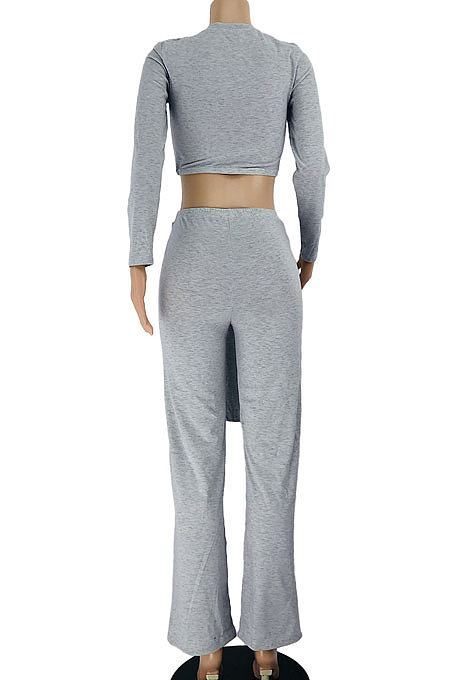 Gray Women Cotton Blend Solid Color Long Sleeve Round Collar Bandge Casual Sport Pants Sets JZH8082-1