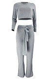 Gray Women Cotton Blend Solid Color Long Sleeve Round Collar Bandge Casual Sport Pants Sets JZH8082-1