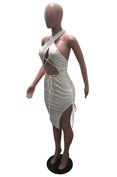 Black Wholesal New Halter Neck Strapless Backless Bandage High Waist Solid Color Hip Dress YSH96239-3