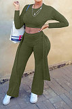 Gray Women Cotton Blend Solid Color Long Sleeve Round Collar Bandge Casual Sport Pants Sets JZH8082-1