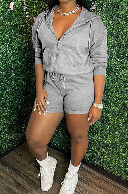 Light Blue Women Hooded Long Sleeve Solid Color Cardigan Zipper Fleece Shorts Sets KDN2218-5