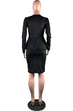 Red New Simple Long Sleeve Zip Front Top Hip Skits Solid Color OL Sets LSN785-1