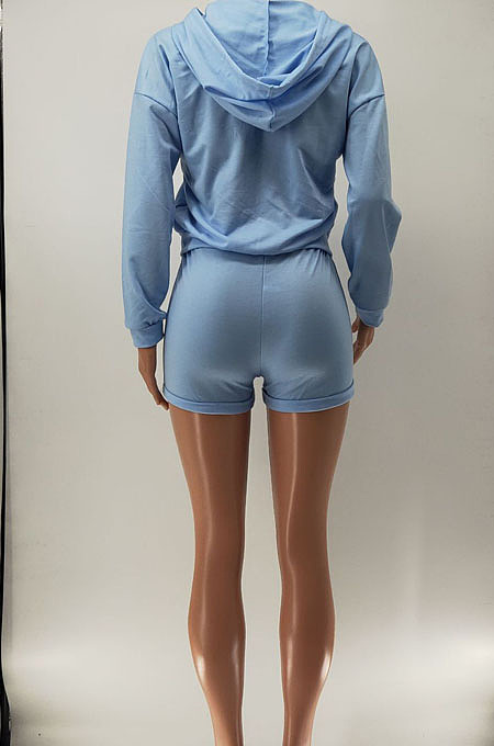 Gray Women Hooded Long Sleeve Solid Color Cardigan Zipper Fleece Shorts Sets KDN2218-3