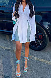 White Women Long Sleeve Solid Color Fashion Turn-Down Collar Single-Breasted Tight Hip T Shirt/Shirt Dress YME03727