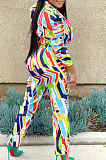 Rainbow Women Puff Sleeve Long leeve Printing Irregular Pants Sets JZH8075