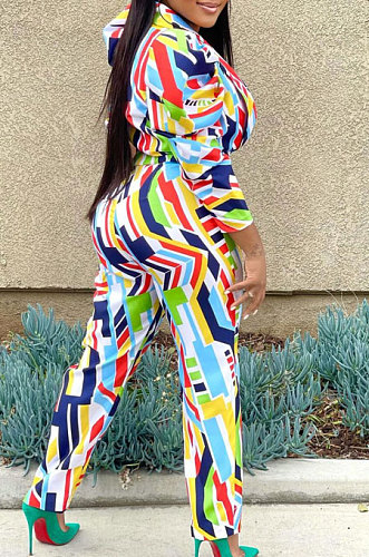Rainbow Women Puff Sleeve Long leeve Printing Irregular Pants Sets JZH8075