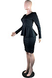 Red New Simple Long Sleeve Zip Front Top Hip Skits Solid Color OL Sets LSN785-1