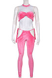 Pink Women Trendy Casual Solid Color Tops Hollow Out Tied Pleuche Pants Sets HLR15852