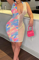 Pink Digital Print Mesh Sleeveless O Neck Zip Back Collcet Waist Hip Dress SZS8042-3