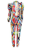 Rainbow Women Puff Sleeve Long leeve Printing Irregular Pants Sets JZH8075