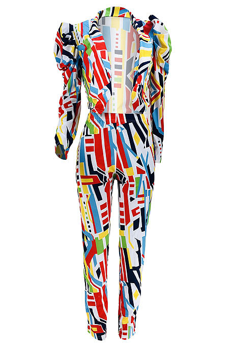 Rainbow Women Puff Sleeve Long leeve Printing Irregular Pants Sets JZH8075