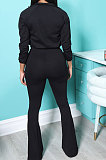 Black New Autumn Winter Long Sleeve Zip Front Hoodie Flare Pants Solid Color Sport Sets KSN88012-2