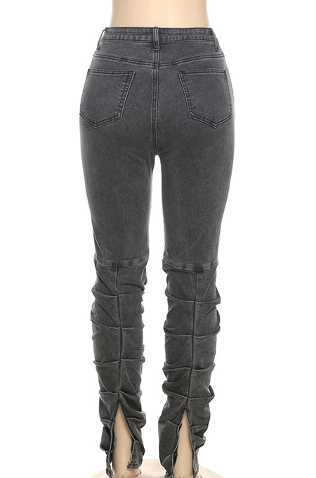 Gray Casual Pleated Split Slim Fitting Jean Pants YME04882