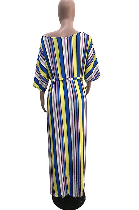 Summer Colorful Stripe Short Sleeve Loose With Beltband Slit Long Dress YSH96242