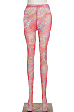 Red Mesh Print See-Through Tight Regular Leggings SX00342-3